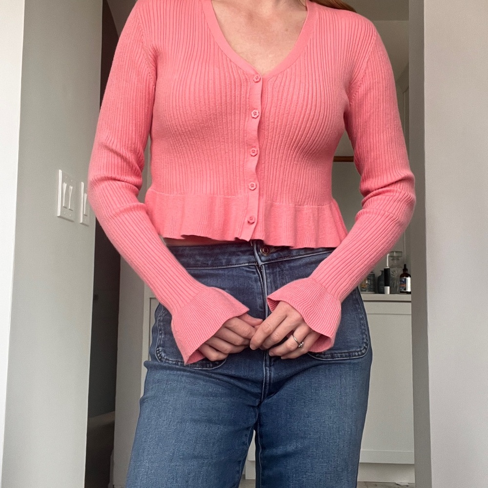 Happily, Gray Pink Ruffle Hem Cardigan